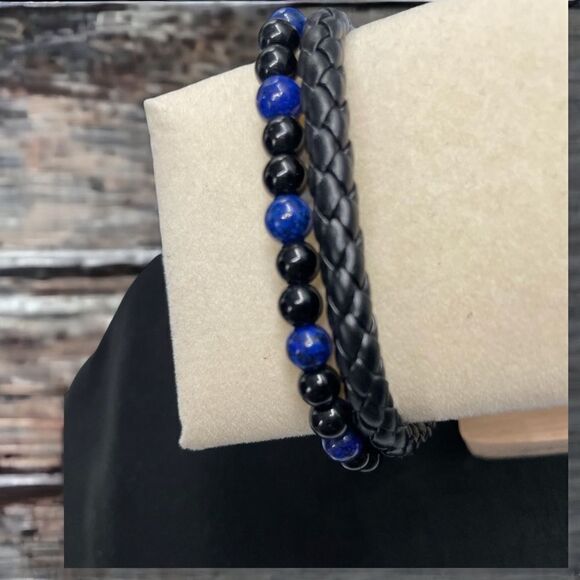 Men’s Double-strand Blue & Black l Beaded Bracelet l Magnetic Closure l New - Picture 1 of 6